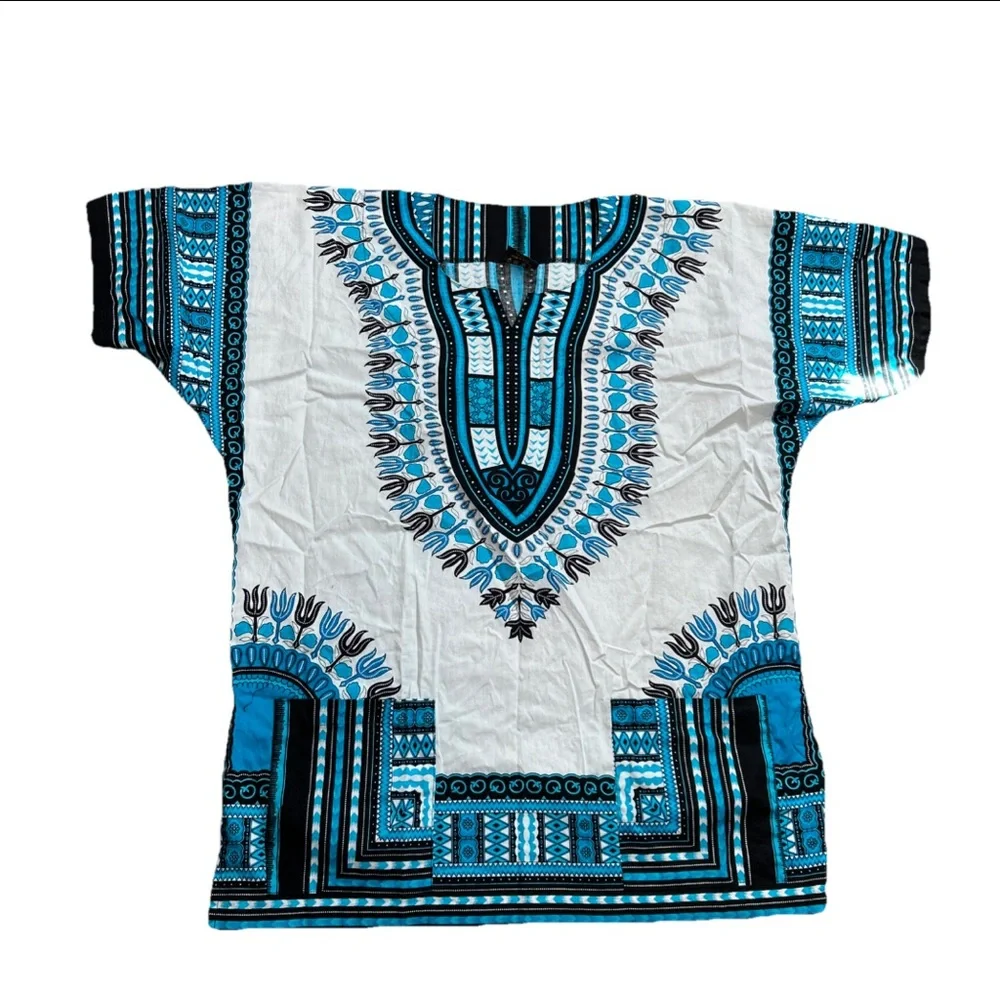 RaanPahMaung Unisex Large Dashki Blue White Pockets Cotton Tribal Short Sleeve‎